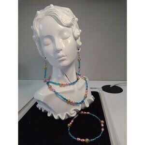 Handmade Pink Blue Gold Glass Bead Jewelery Set